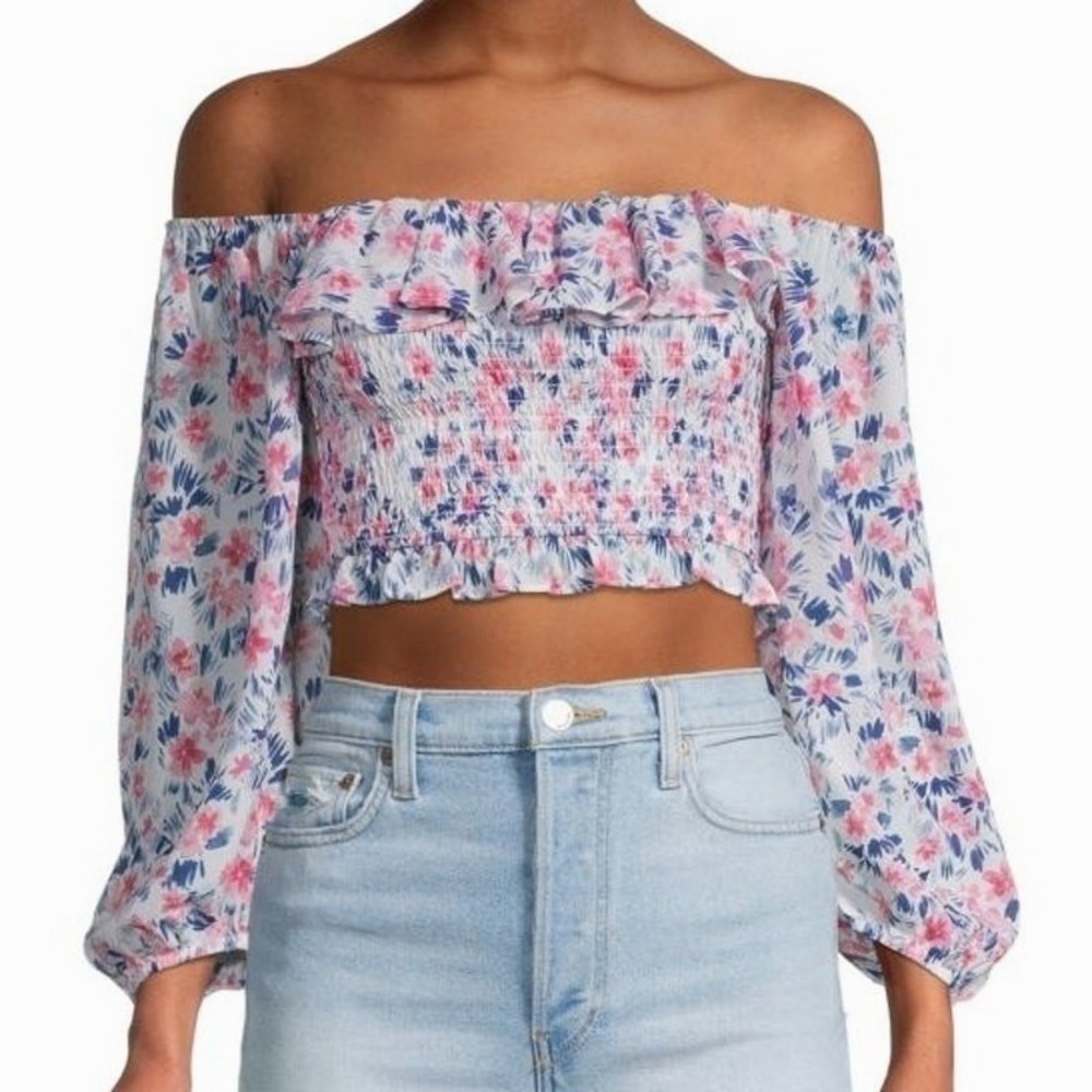 Yumi Kim Women Off-The-Shoulder Floral Print Crop Top Size XS Pink Blue Feminine